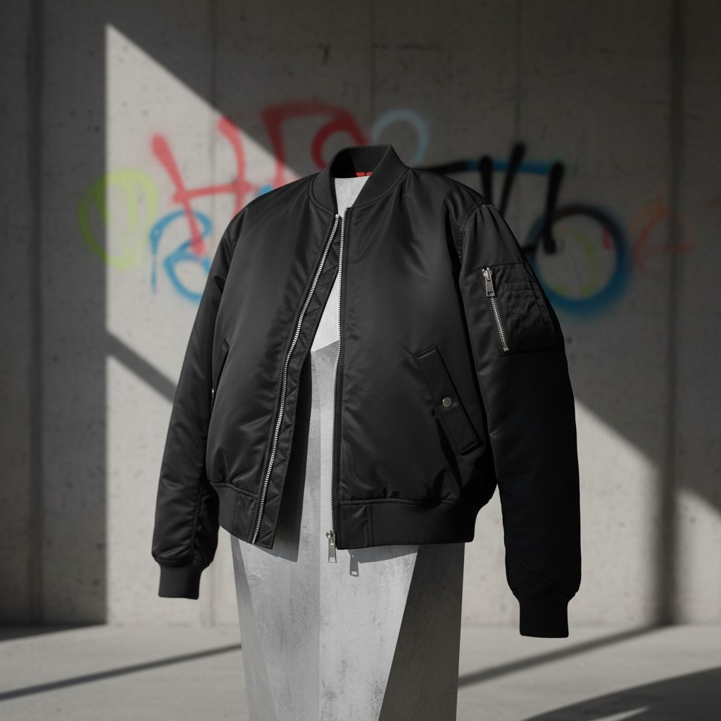 The alt text for the image is: "black bomber jacket on hanger with a no doubt graffitiffiti art on partially visible gray ...